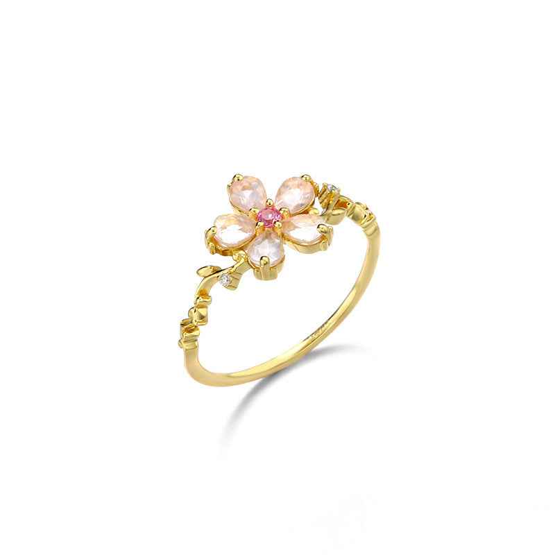 New S925 Sterling Silver Pink Crystal Ring with Gold Plated Flower Design