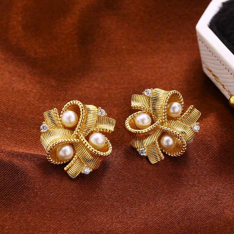 French Ribbon Pearl Earrings - Vintage Windmill Design in 925 Sterling Silver with Freshwater Pearls