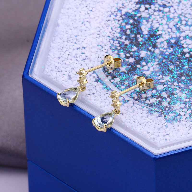 9K Gold Aquamarine Earrings with White Topaz - Elegant Teardrop Drop Studs
