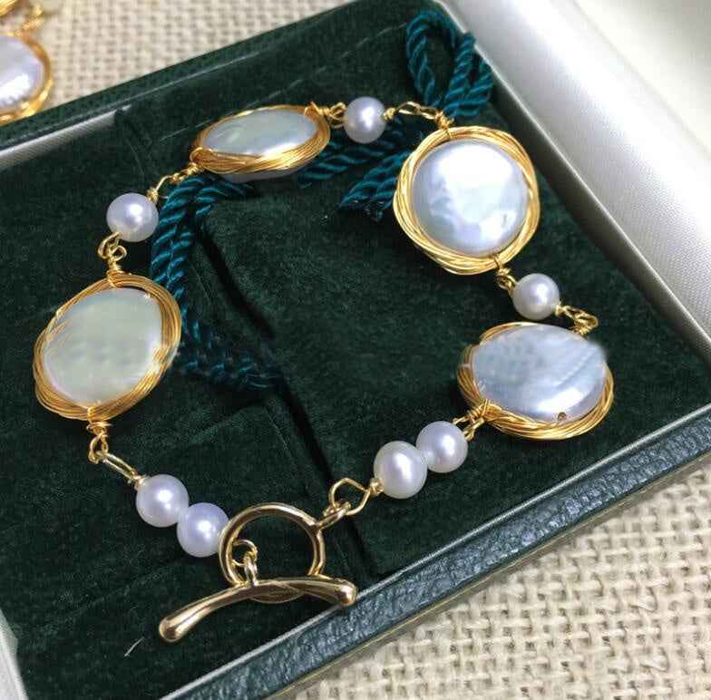 Luxury Freshwater Pearl Gold Bracelet with 14K Gold - Large 14mm Button Pearls, Double Loop or Single Ring