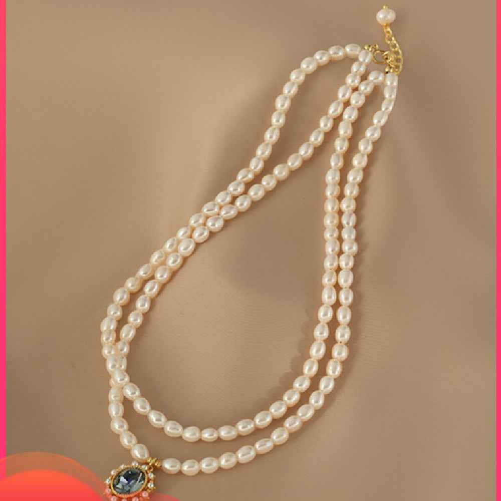 Vintage Pearl Necklace - Double-Layer Natural Pearls with Alloy Gem Drop in European Style