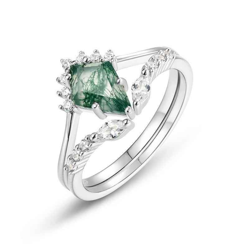 Moss Agate Stackable Ring Set β Natural Green Stone & S925 Platinum Silver | Women's Geometric Kite Shape Two-Piece Jewelry