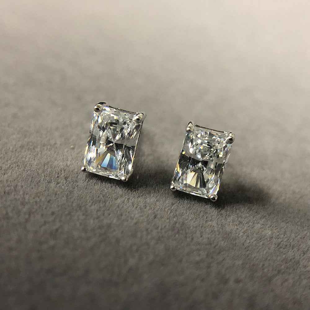 Rectangular Zircon Stud Earrings in 925 Sterling Silver - Minimalist Unisex Design with Four-Prong Setting