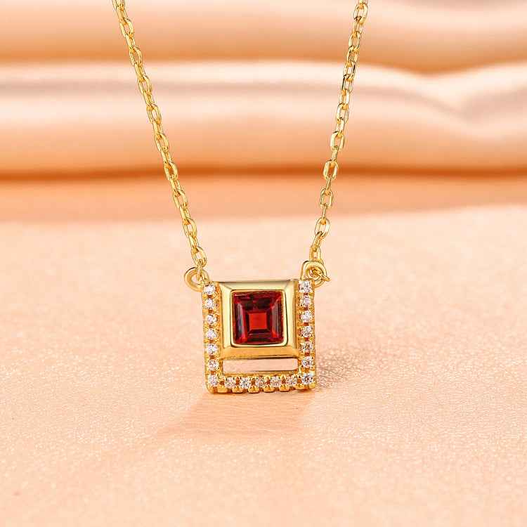 Natural Red Garnet Pendant Necklace in Gold-Plated S925 Sterling Silver with Adjustable Chain