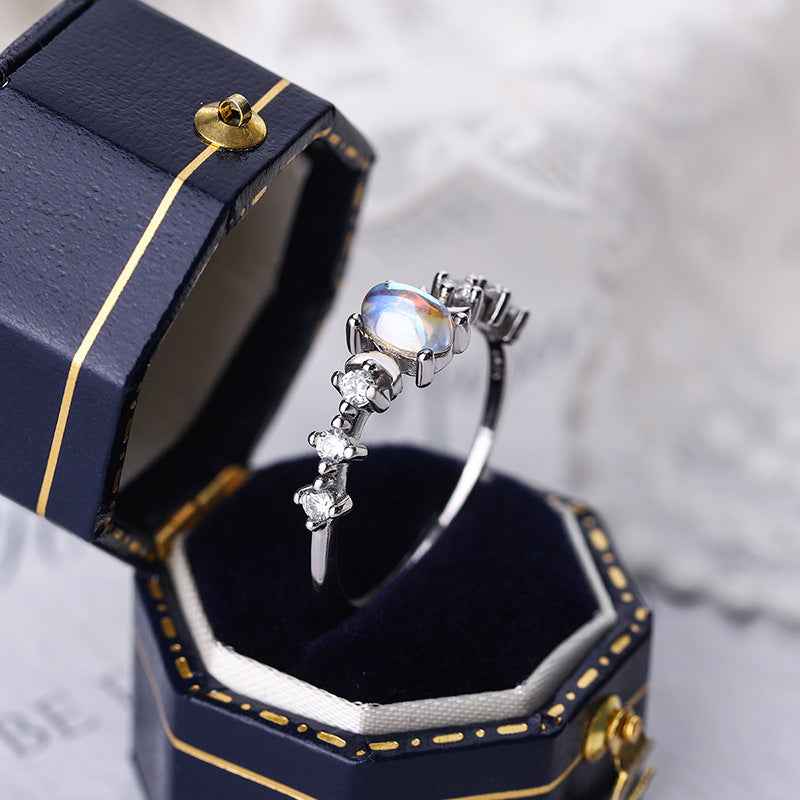Elegant Moonstone Adjustable Ring in S925 Sterling Silver | Mystical Women's Gemstone Jewelry