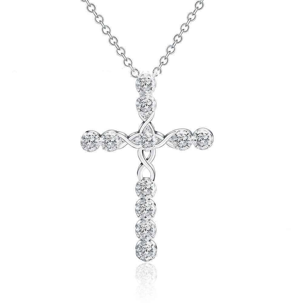 Creative Silver Cross Necklace with Zircon Accents and Blue or White Stones - 925 Silver-Plated