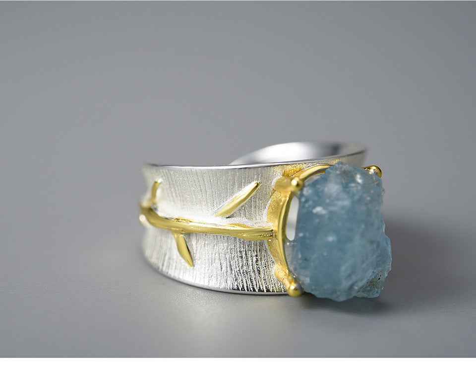 Long Leaf Aquamarine Ring - S925 Sterling Silver Floral Chinese Style Wide Band | Women's Nature-Inspired Jewelry