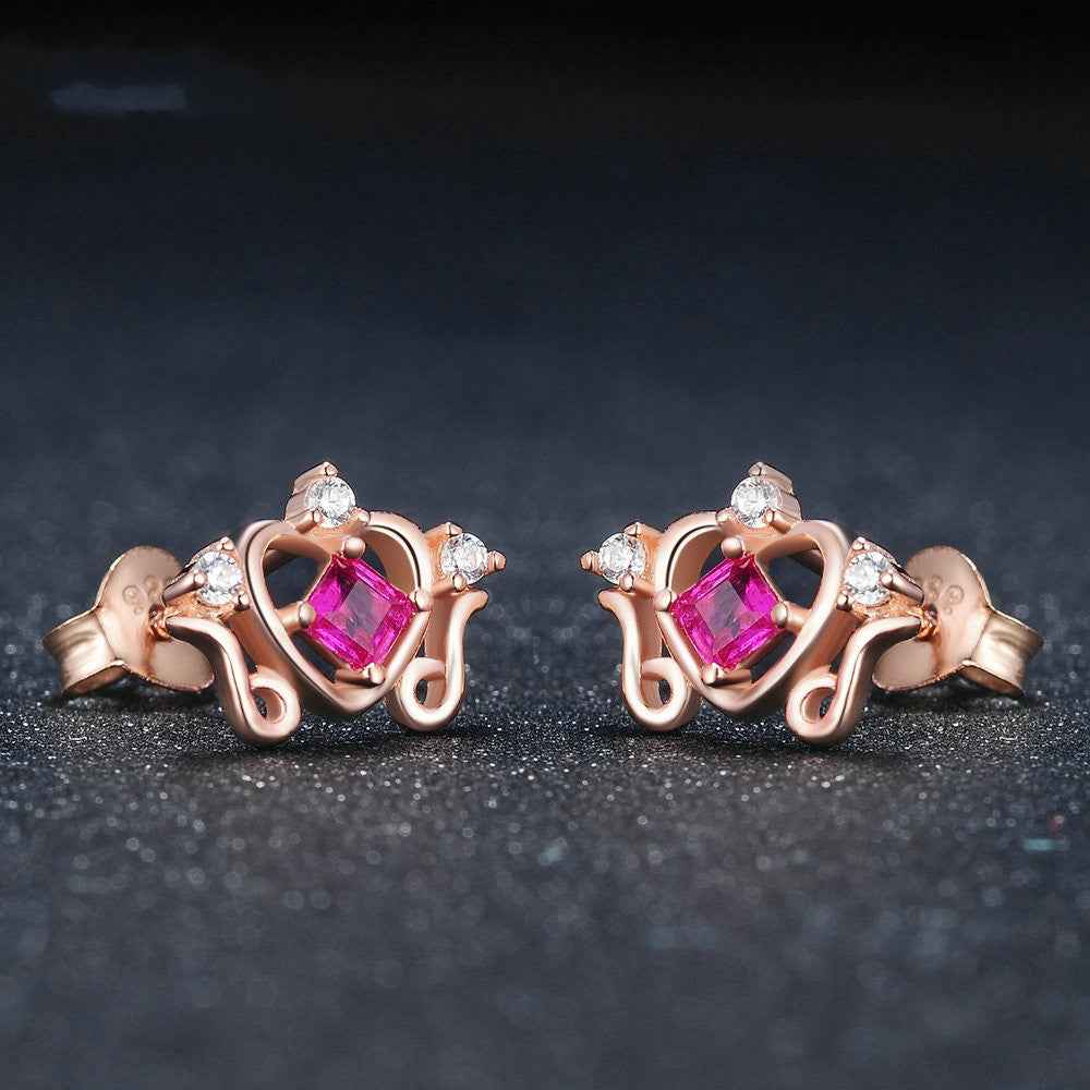 Natural Ruby Stud Earrings - S925 Sterling Silver, Geometric Modern Design, 1.2cm