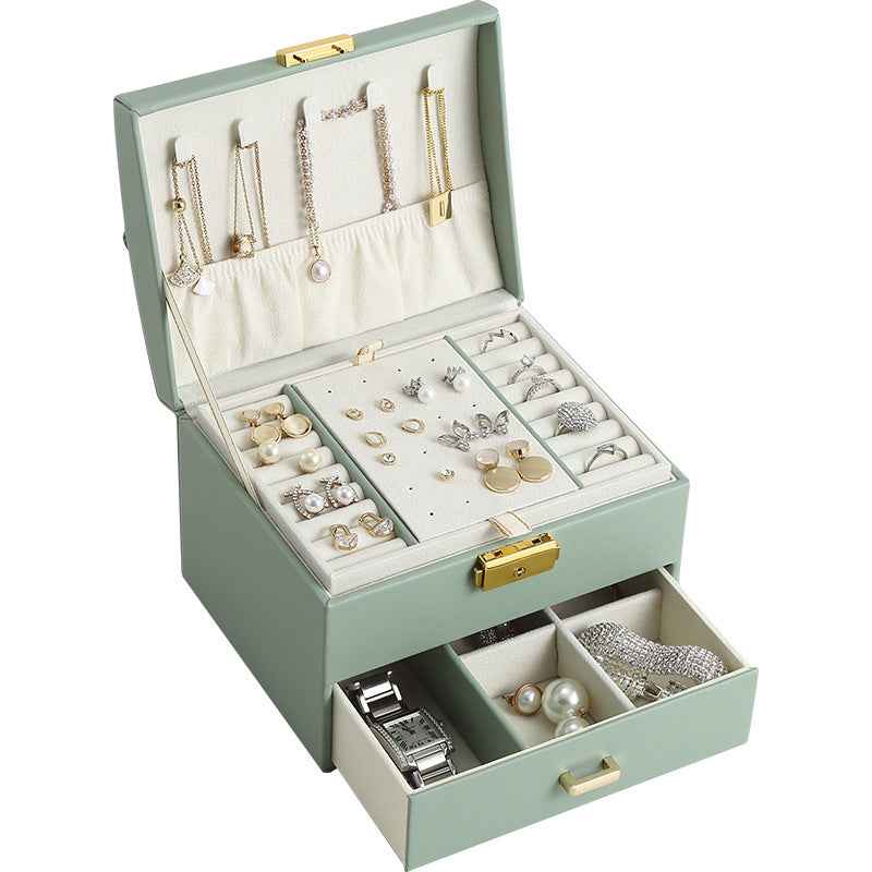 2-Layer Jewelry Organizer Box for Rings & Earrings - Dustproof Drawer Storage in Light Blue or Green