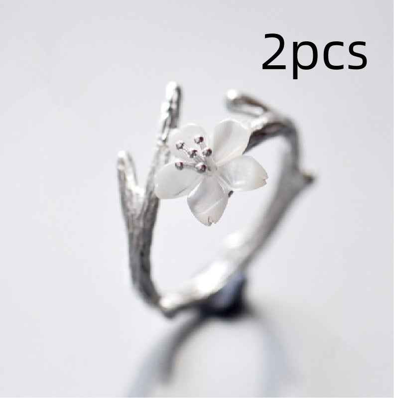 Cherry Blossom Flower Ring - Adjustable Silver-Plated Mixed Metal with Natural Shell Accent in Korean Fashion