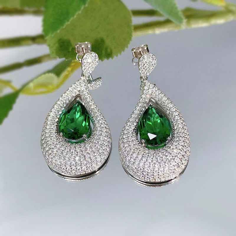 Emerald Green Diamond Accent Stud Earrings in Asymmetric Artistic Design - 925 Sterling Silver