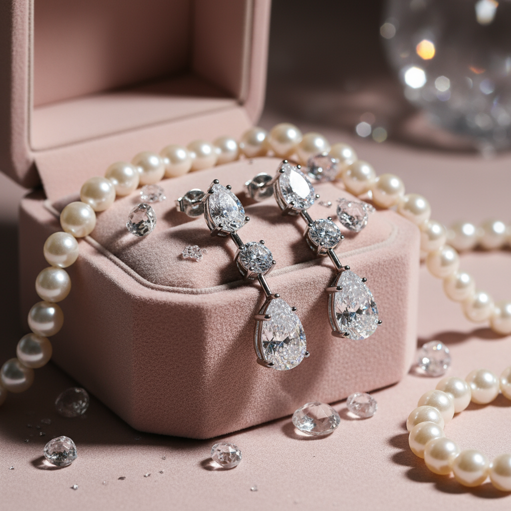 Pear & Round Cut Moissanite Dangle Earrings in Sterling Silver - Eterna