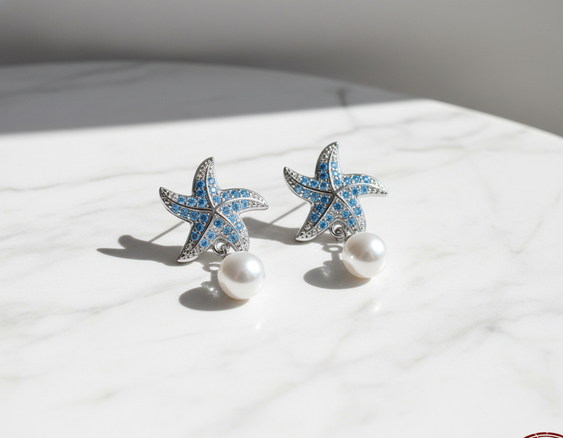 Ocean Starfish Pearl Earrings β 925 Sterling Silver, Platinum-Plated, Blue Zircon & Pearl Accents - Eterna