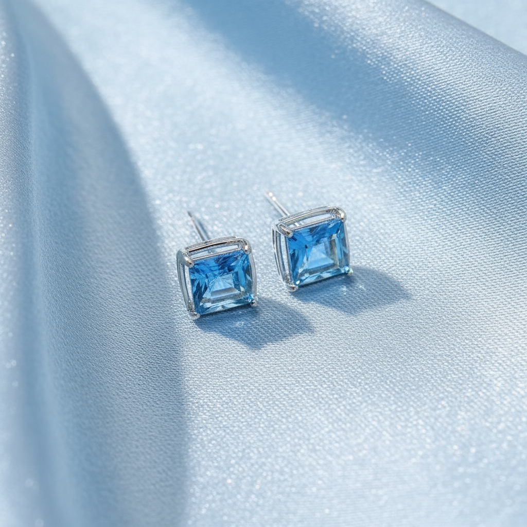 Natural Blue Topaz Stud Earrings β 925 Sterling Silver, Triple-Plated Platinum & Rose Gold - Eterna