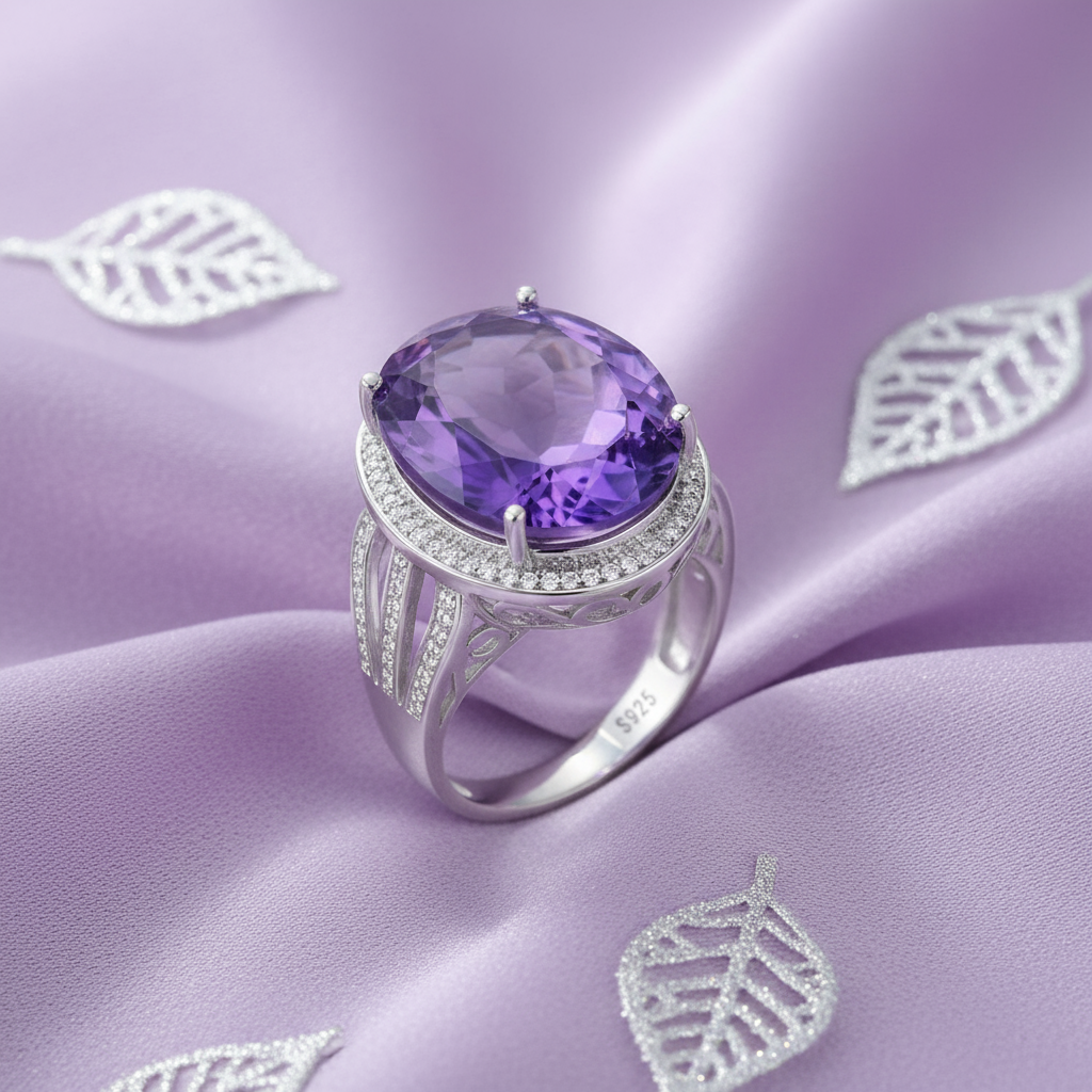Grand Oval Amethyst Halo Ring in Sterling Silver - Eterna