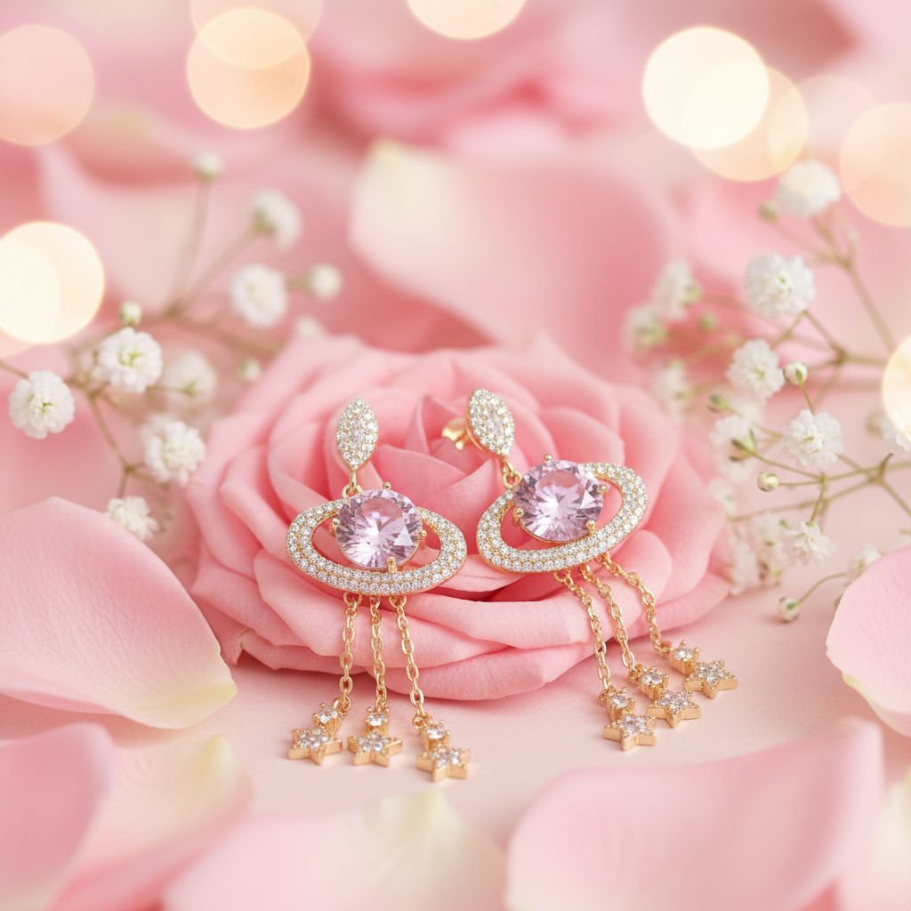 Exquisite Saturn Long Earrings β Celestial Universe Design, White Stones, Alloy, Multiple Styles - Eterna