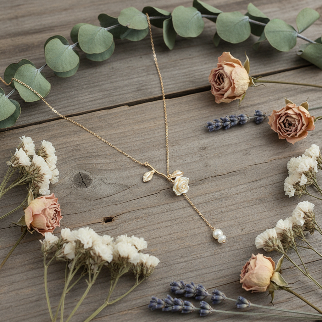 French Vintage Rose Flower Necklace β Gold-Plated 925 Silver, Resin & Shell, Romantic Boutique Style - Eterna