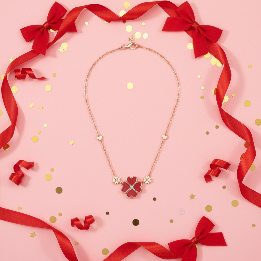 Red Turquoise Clover Necklace β Rose Gold Plated Alloy, Adjustable Cross Chain, Luxury Statement - Eterna