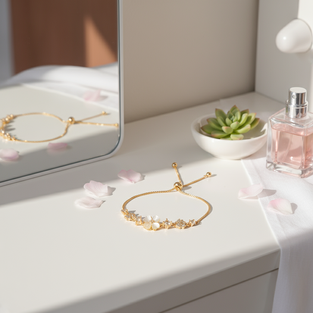 Gold-Plated Cat's Eye Flower Bracelet β Adjustable Petal Charm Jewelry - Eterna