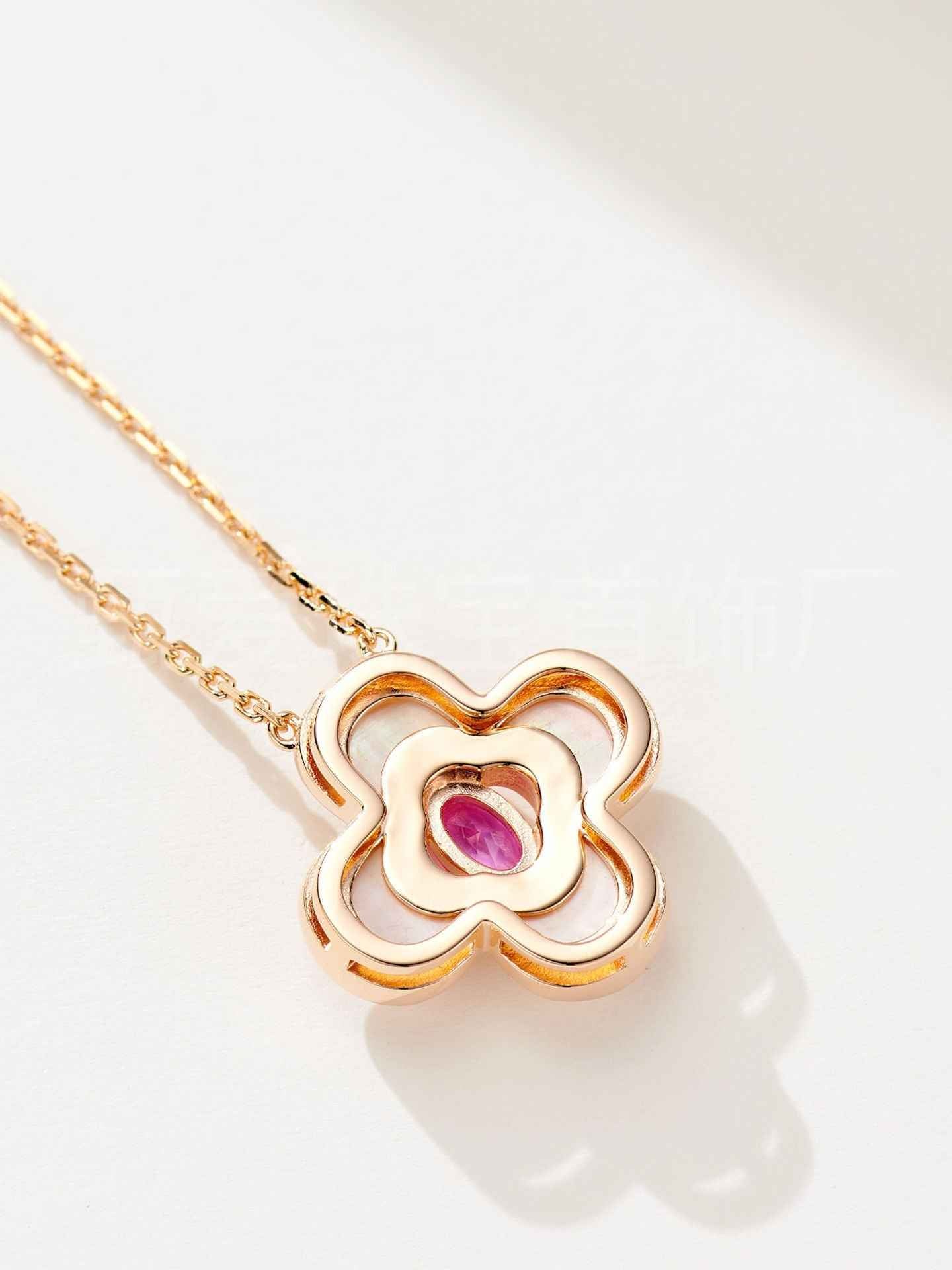 Clover Corundum Pendant Necklace in Rose Gold or White Gold Plated 925 Silver – Geometric Niche Design
