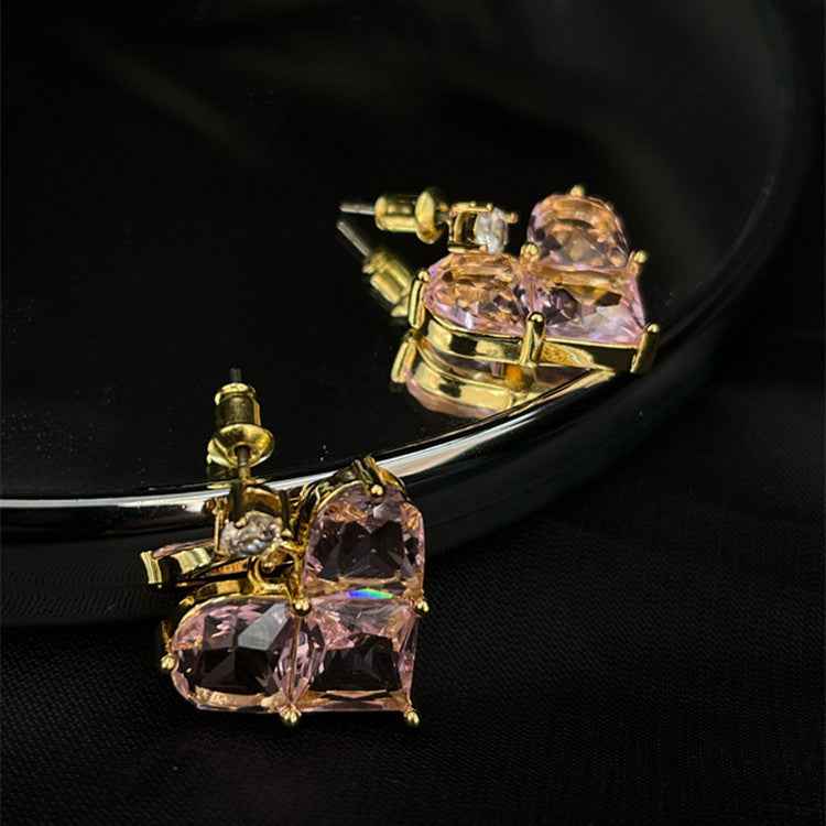 Pink Heart Geometric Earrings - Modern Women's Jewelry in 18K Gold-Plated Copper with Zircon Accents