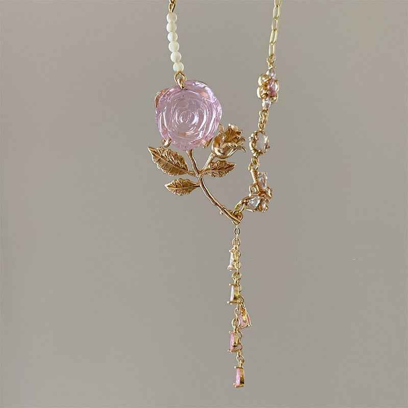 Vintage Heart Rose Necklace – Gold-Plated Copper with Mother of Pearl, Romantic Classic