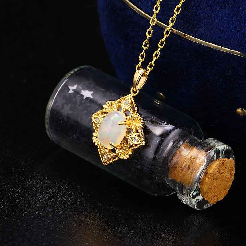 Egg-Shaped African Opal Pendant Necklace - Silver Bead Edged Geometric Hollow Design