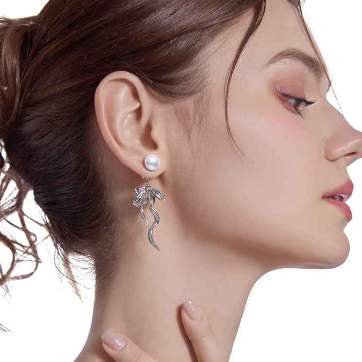 Ribbon Bowknot Earrings - Stylish Silver or Gold-Plated Alloy in Blue or Silvery