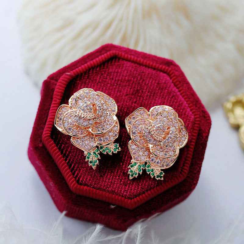 Layered Rose Earrings – Gold-Plated Eco Copper with Pink Cubic Zirconia and S925 Silver Posts