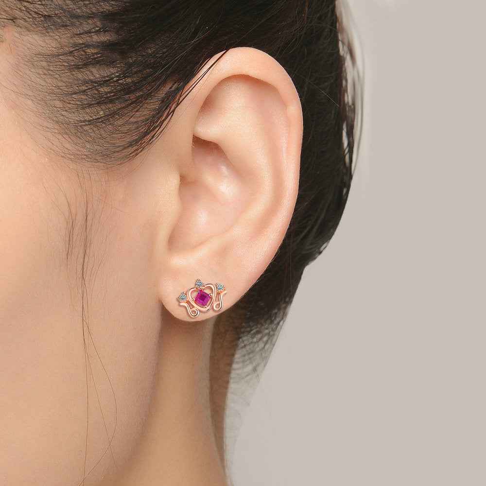 Natural Ruby Stud Earrings - S925 Sterling Silver, Geometric Modern Design, 1.2cm
