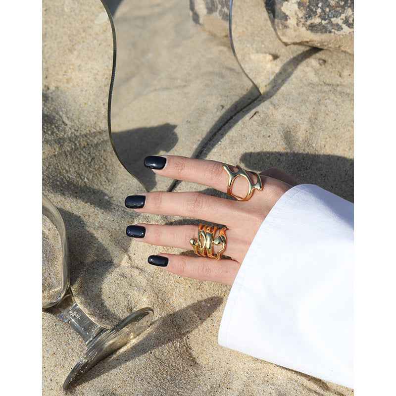 Cold Wind Hollow Textured Sterling Silver Adjustable Ring – S925 Minimalist Geometric Band for Women's Edgy Modern Jewelry