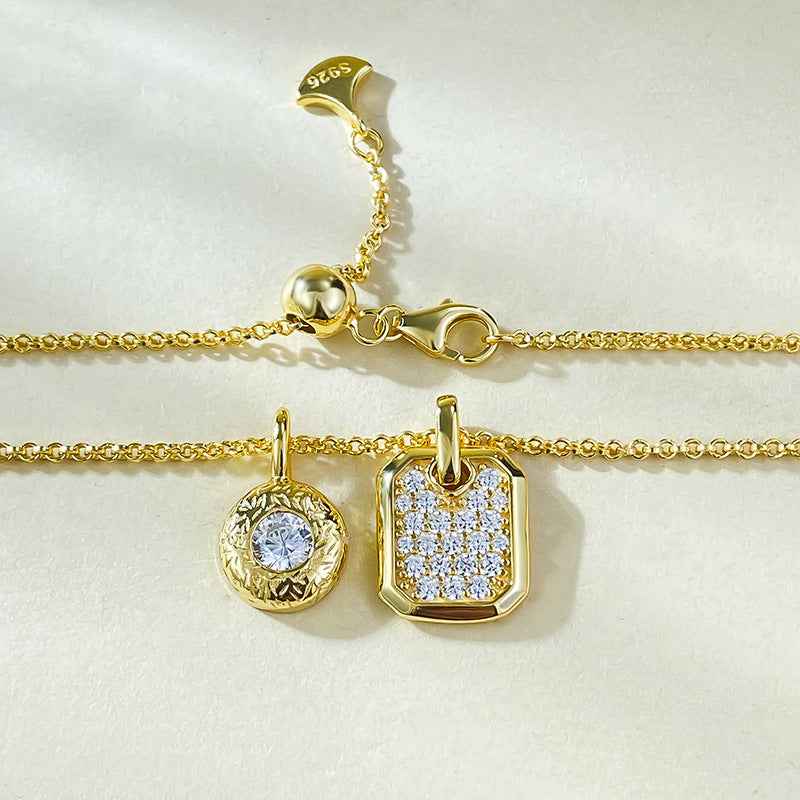 Layered Gold Pendant Necklace - Silver Base Modern Geometric Medallion