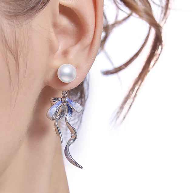 Ribbon Bowknot Earrings - Stylish Silver or Gold-Plated Alloy in Blue or Silvery