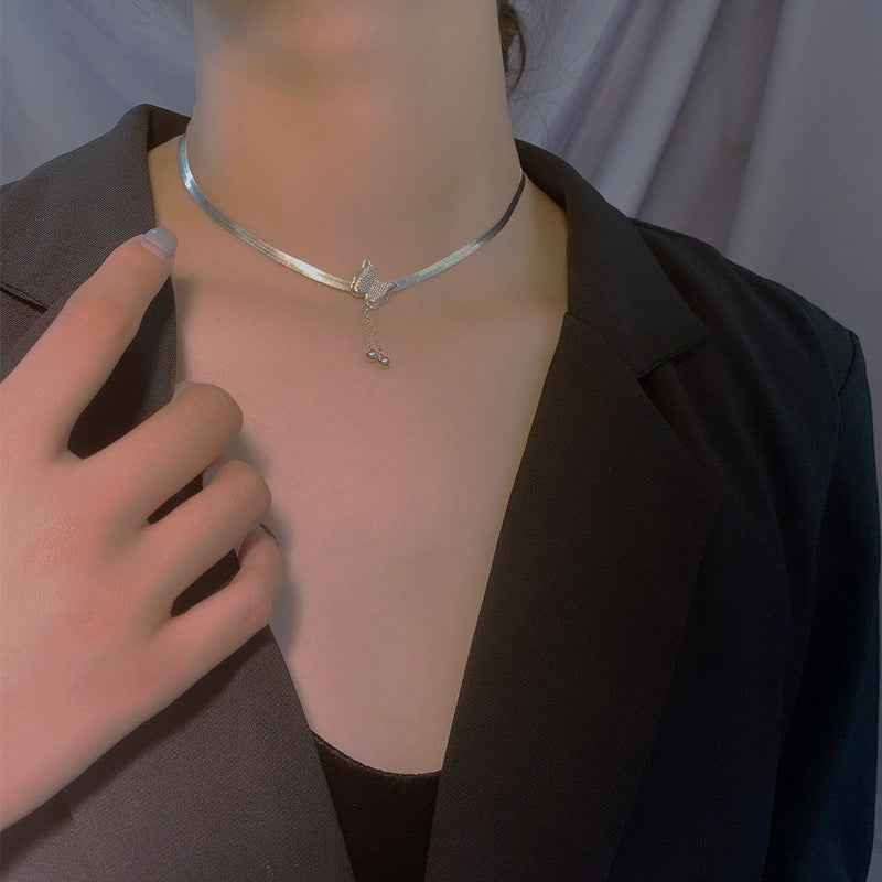 Flat Snake Bone Chain Necklace with Butterfly Pendant in S925 Sterling Silver – Korean Style Fashion Accessory