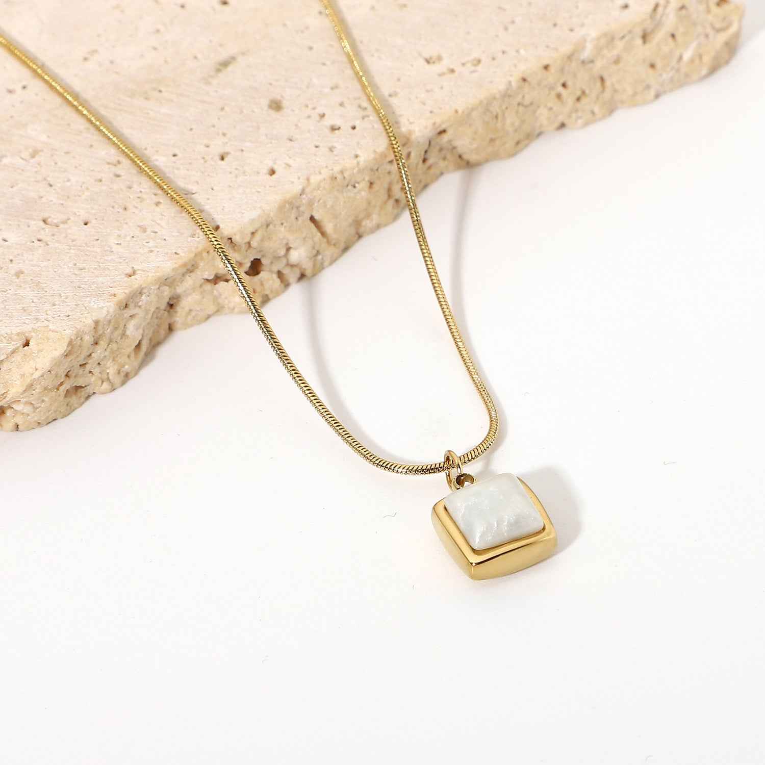 14K Gold Plated Jade Necklace with White Jade Pendant on Adjustable Stainless Steel Chain
