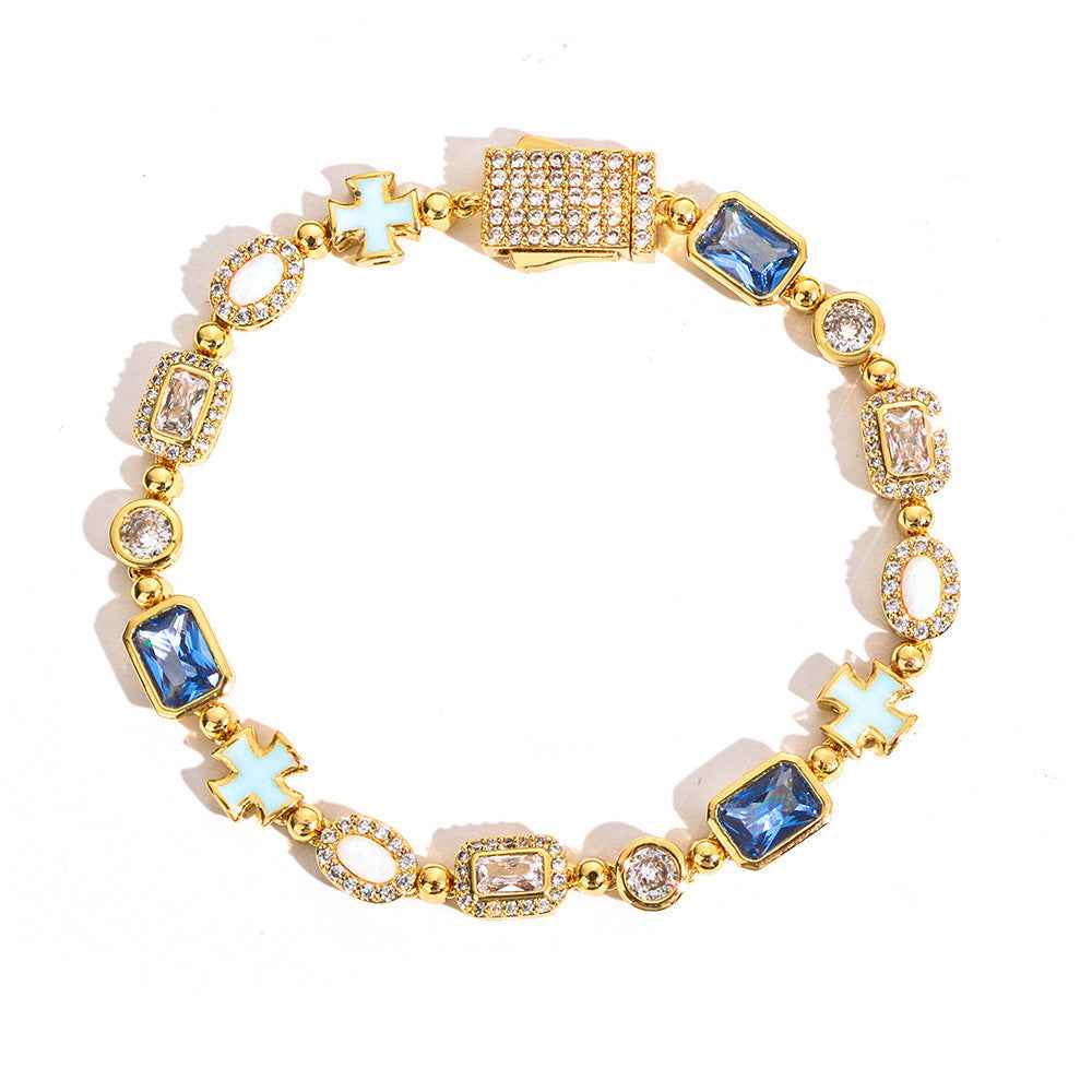 6mm Cross Drop Geometric Bracelet - Unisex Hip-Hop Style in Gold & Platinum Finishes, Available in Multiple Lengths