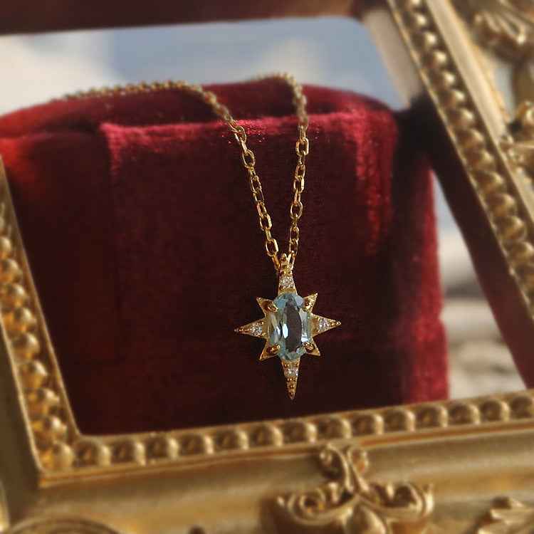 Vintage Celestial Blue Topaz Necklace - Stars & Moon Design in Gold-Plated Silver