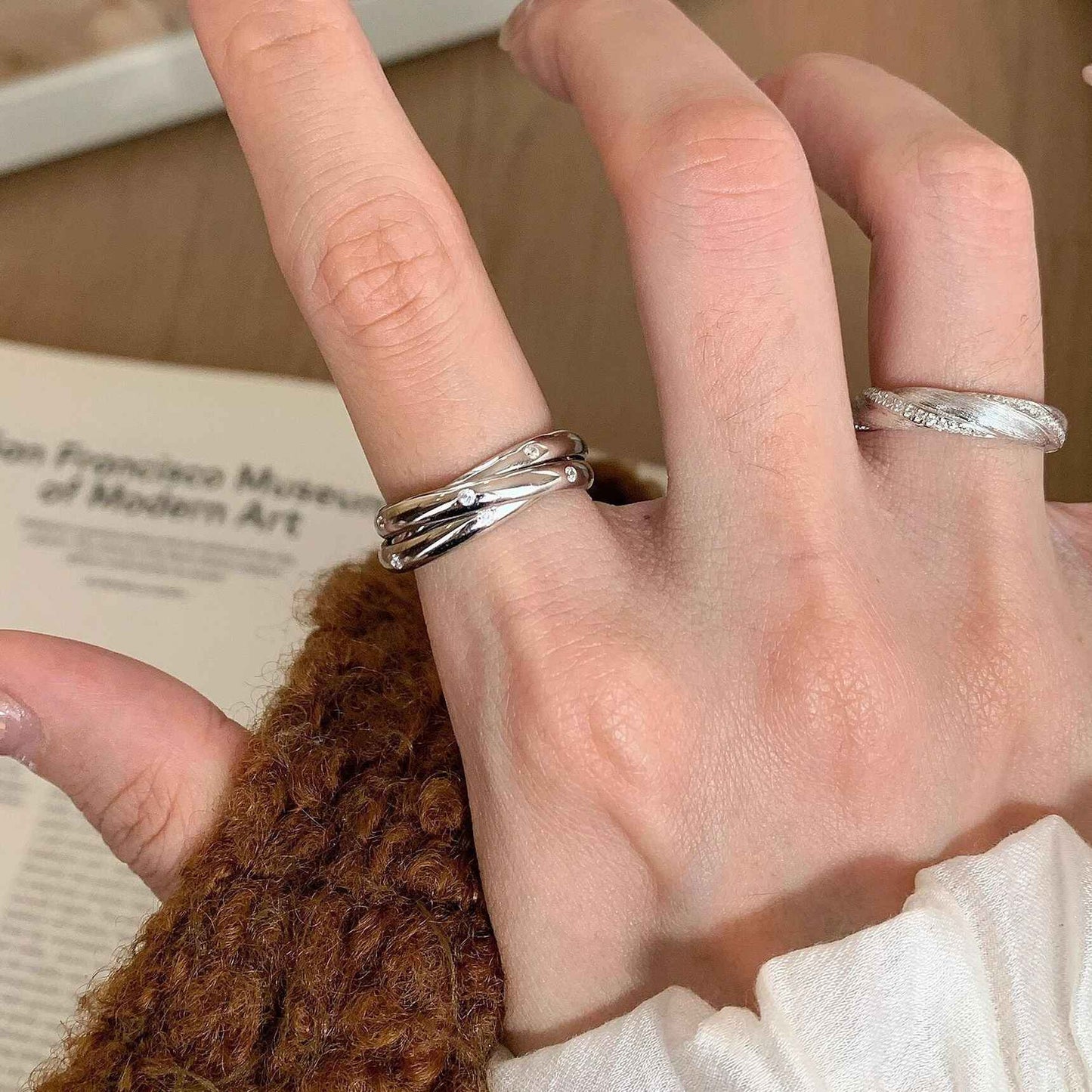 Multi-Layer Trinity Winding Ring – S925 Sterling Silver with White Gold Finish | Retro Geometric Statement Jewelry for Women