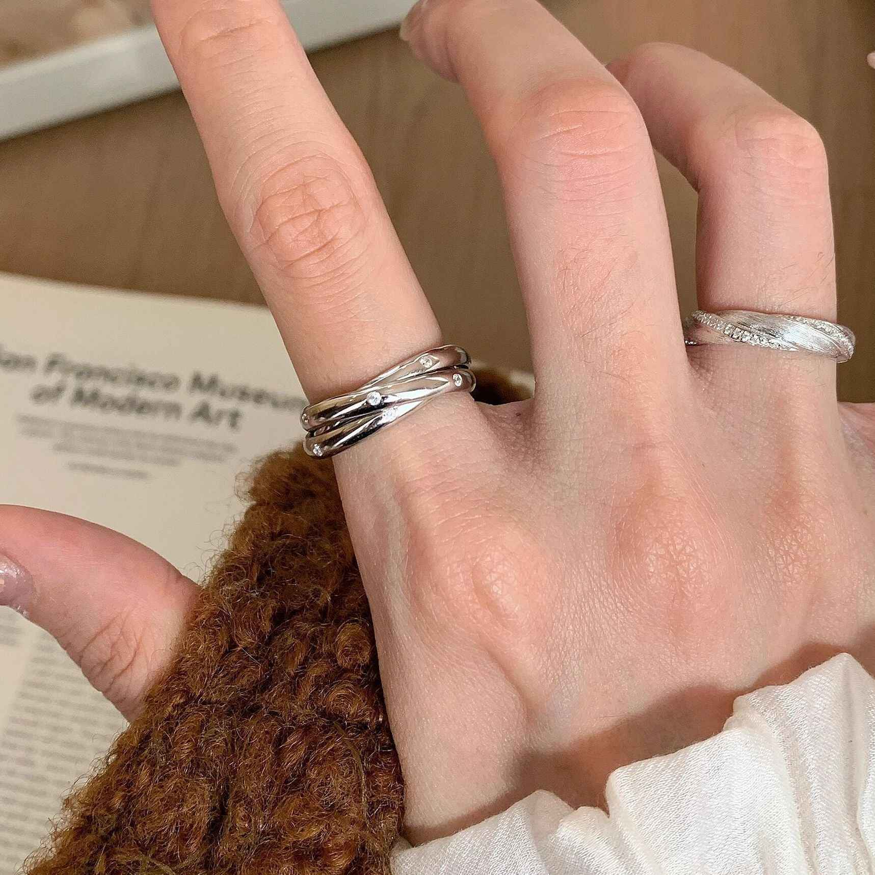 Multi-Layer Trinity Winding Ring – S925 Sterling Silver with White Gold Finish | Retro Geometric Statement Jewelry for Women