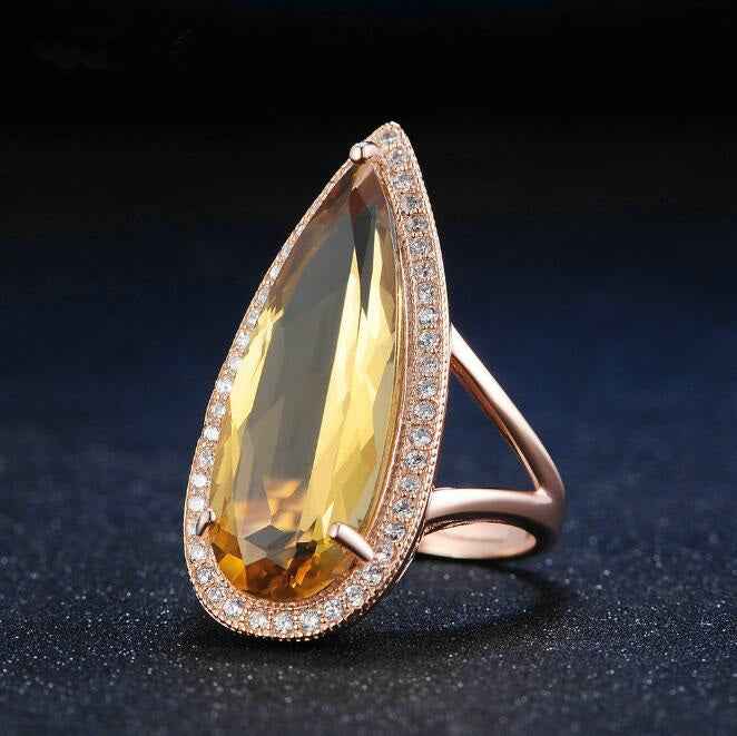 Pear Cut Citrine Halo Ring in Rose Gold Vermeil - Stunning Elegance