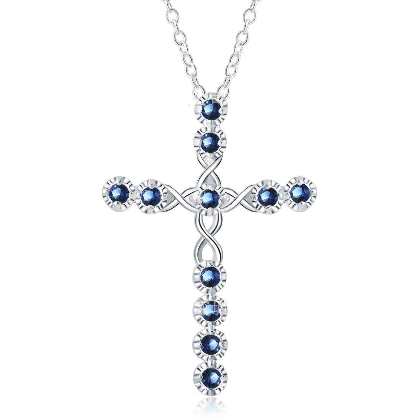 Creative Silver Cross Necklace with Zircon Accents and Blue or White Stones - 925 Silver-Plated