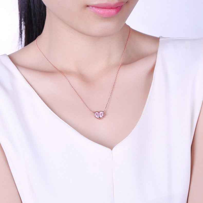 Heart-Shaped Gemstone Necklace - S925 Gold-Plated Natural Topaz or Pink Crystal, Adjustable Design