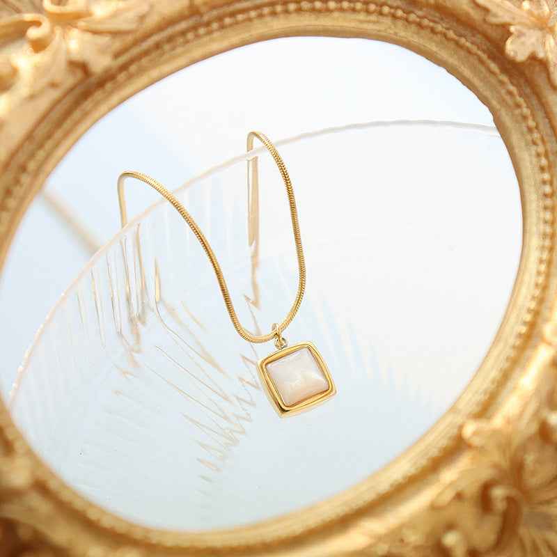 14K Gold Plated Jade Necklace with White Jade Pendant on Adjustable Stainless Steel Chain