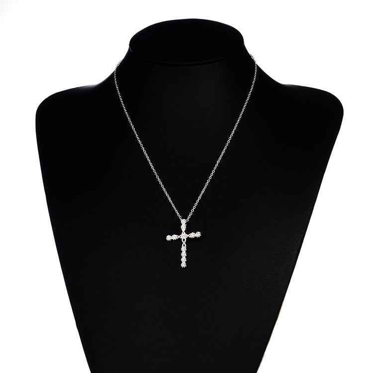 Creative Silver Cross Necklace with Zircon Accents and Blue or White Stones - 925 Silver-Plated