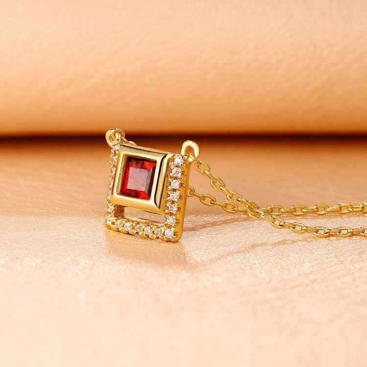 Natural Red Garnet Pendant Necklace in Gold-Plated S925 Sterling Silver with Adjustable Chain