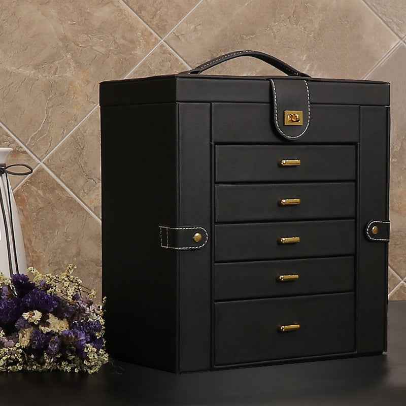 Oversized Leather Jewelry Box with Multi-Drawers, Large Capacity Organizer, Glass Mirror & Gold Handles