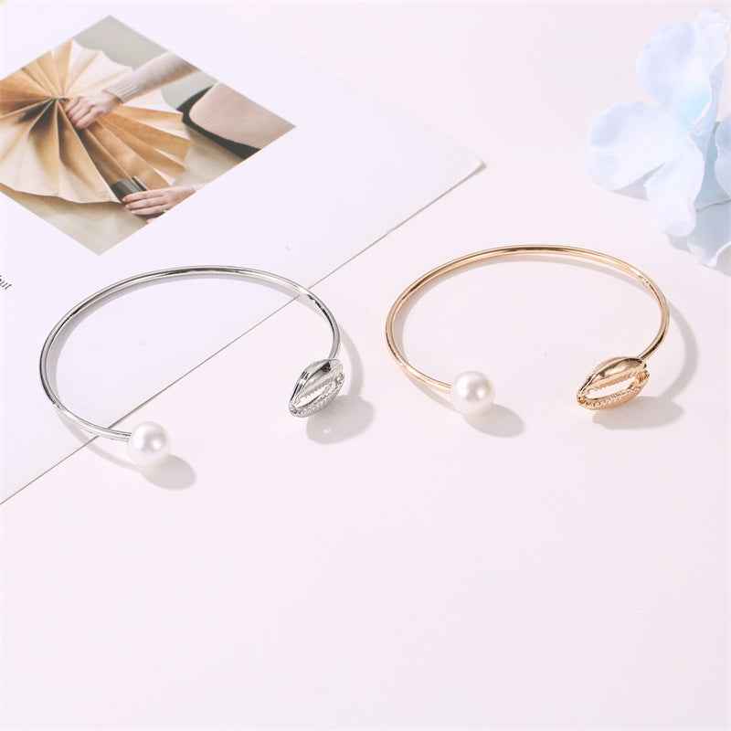 Elegant Pearl Shell Cuff Bracelet - Adjustable Alloy with Gold or White K Finish, Versatile Design
