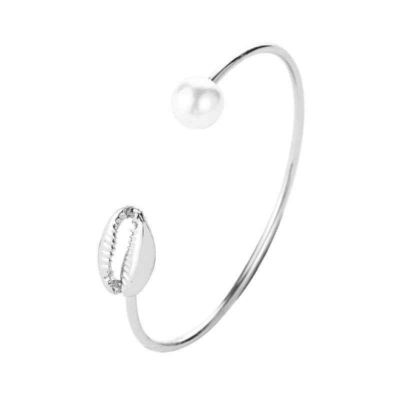 Elegant Pearl Shell Cuff Bracelet - Adjustable Alloy with Gold or White K Finish, Versatile Design