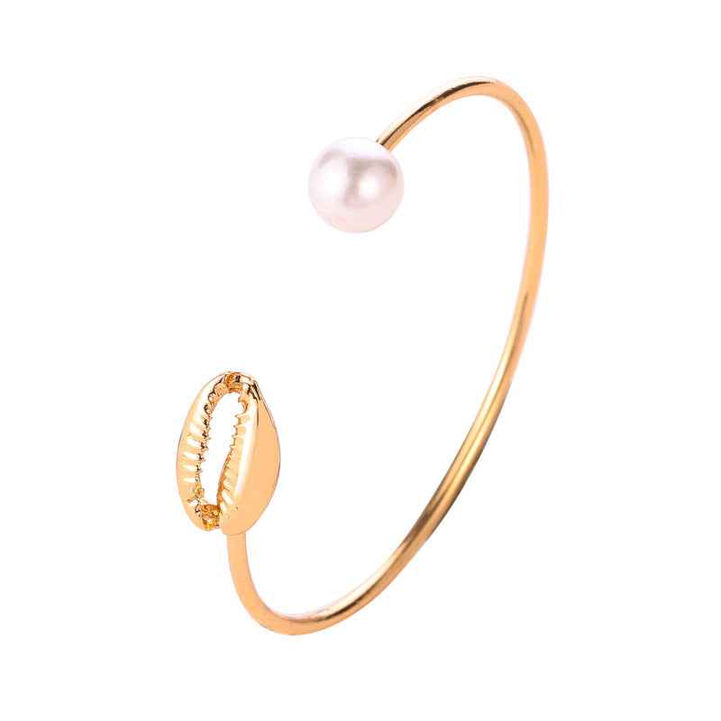 Elegant Pearl Shell Cuff Bracelet - Adjustable Alloy with Gold or White K Finish, Versatile Design