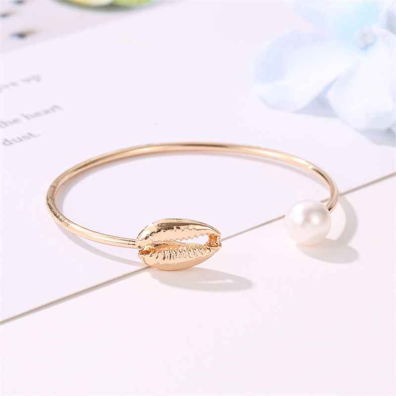 Elegant Pearl Shell Cuff Bracelet - Adjustable Alloy with Gold or White K Finish, Versatile Design